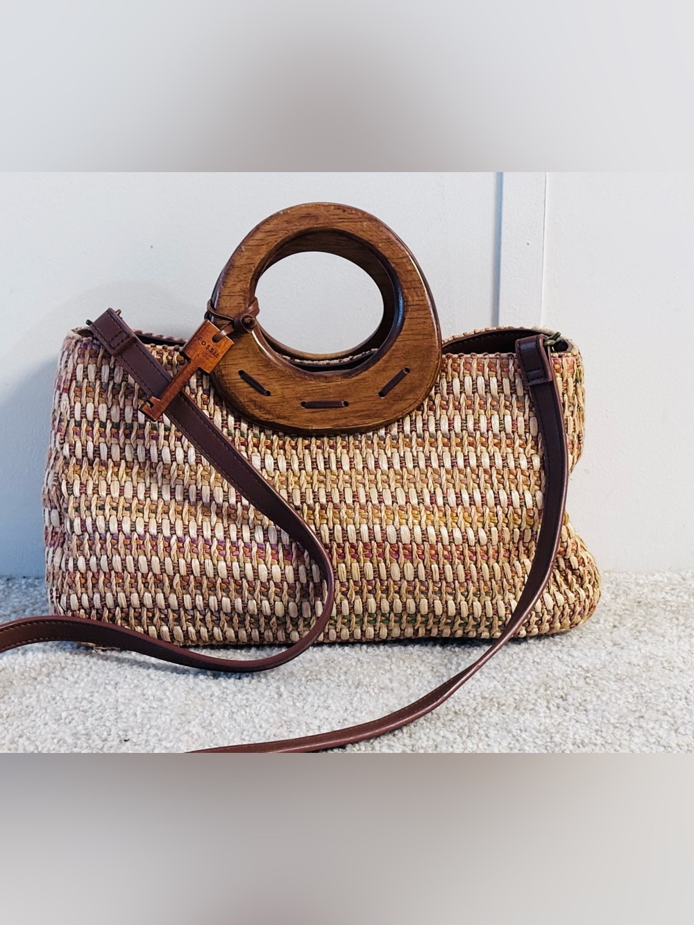Fossil Key-per Raffia Woven Boho Crossbody Bag EUC